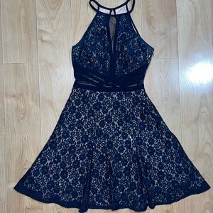 Morgan & Co. Navy Floral Lace Backless Dress